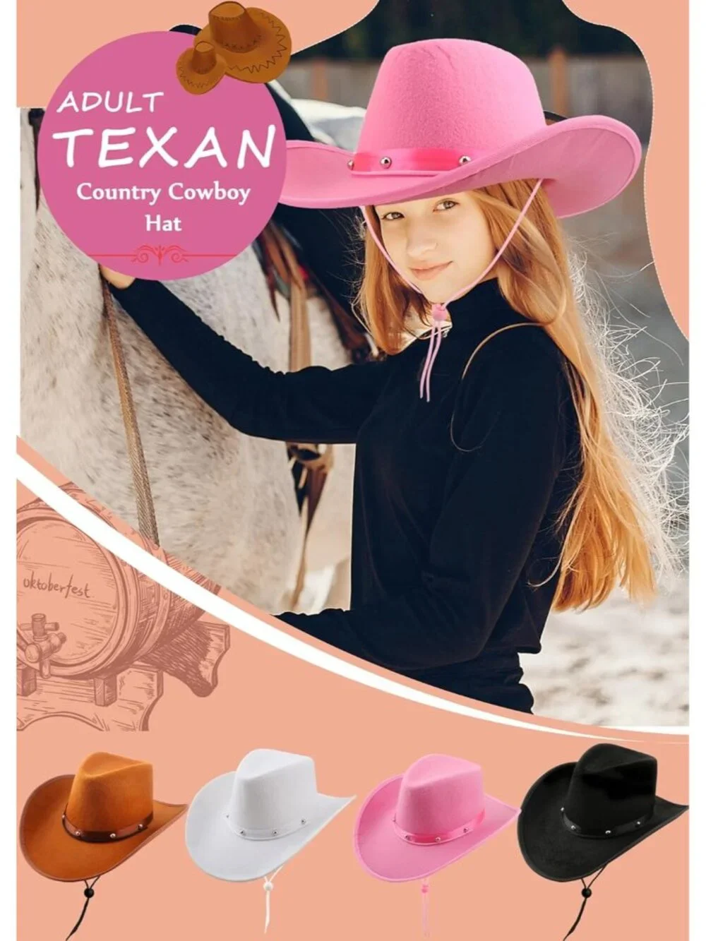 Men's brown pink Felt Western Adult Dress up Costume Cowboy Hat 4 Pack